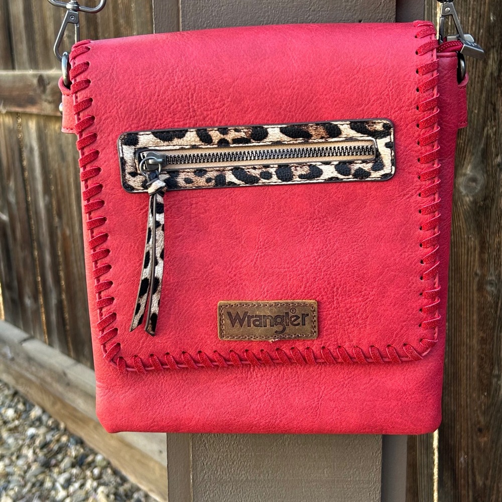 Wrangler Red Whipstitch Crossbody Bag Leopard Print Strap Western Purse